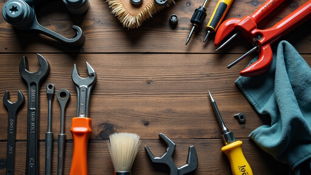 Bicycle maintenance tools laid out on workbench: allen keys, screwdrivers, chain lubricant, cleaning cloths