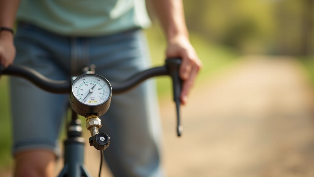 Close-up of bike tire pressure gauge showing measurement, hands holding pump against valve on tire