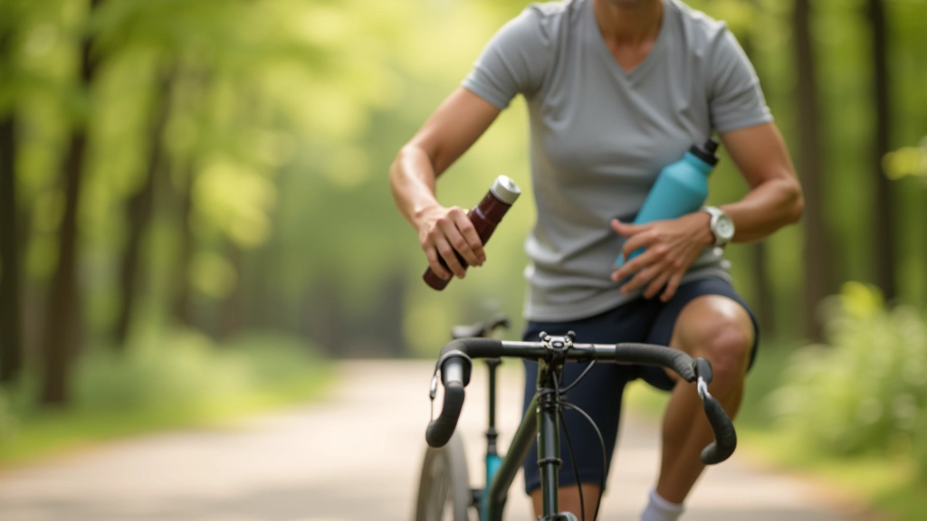 Cyclist holding water bottle while standing with bike near a rest area, natural outdoor setting with trees in background