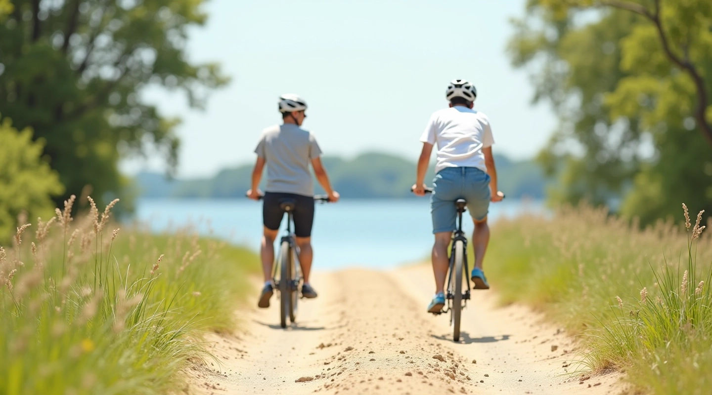 Cyclist riding along sandy beach path with water visible on the horizon