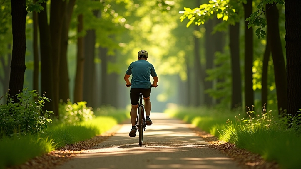 Cyclist riding on a woodland trail path surrounded by tall trees and natural forest scenery