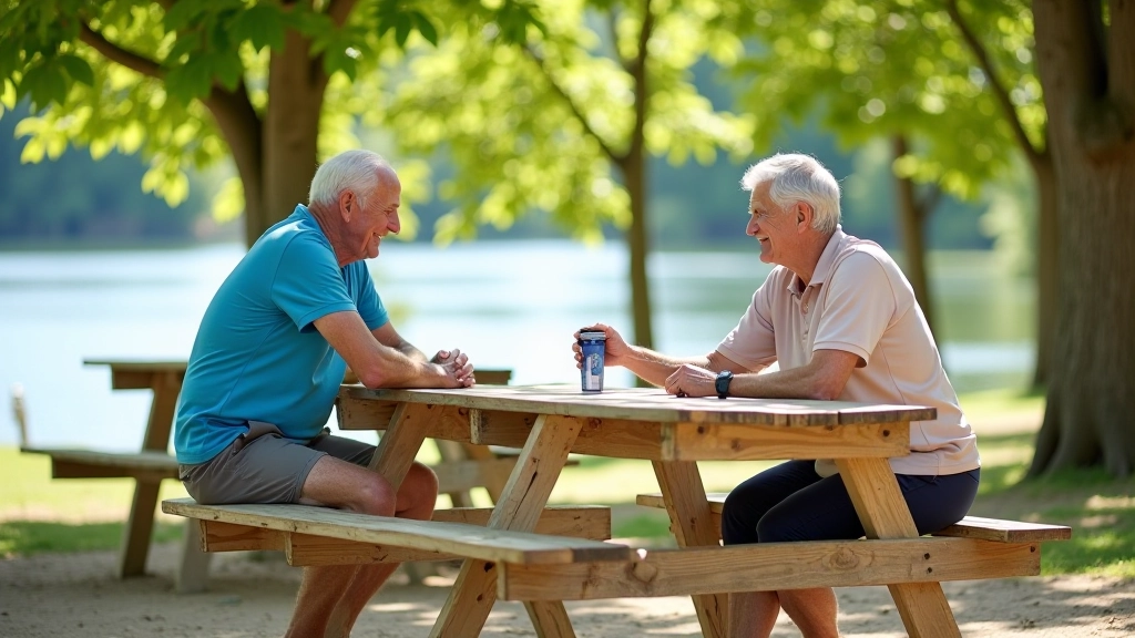 Cyclists stopped at a rest area near the shoreline with benches and shade