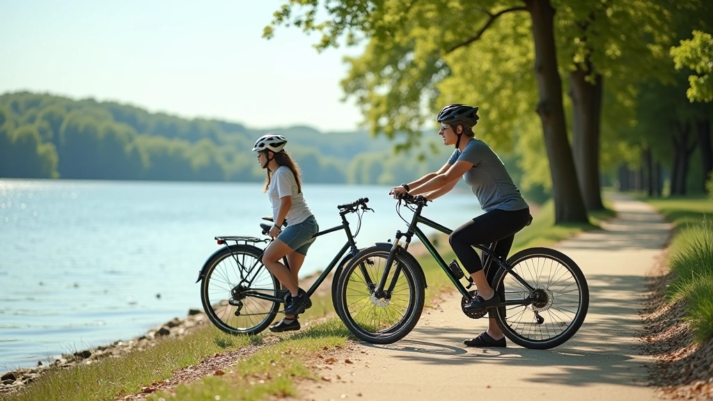 Group of cyclists taking a break by the shoreline on a sunny afternoon