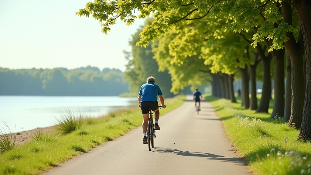 Scenic cycling path along reservoir shoreline with sandy beach visible