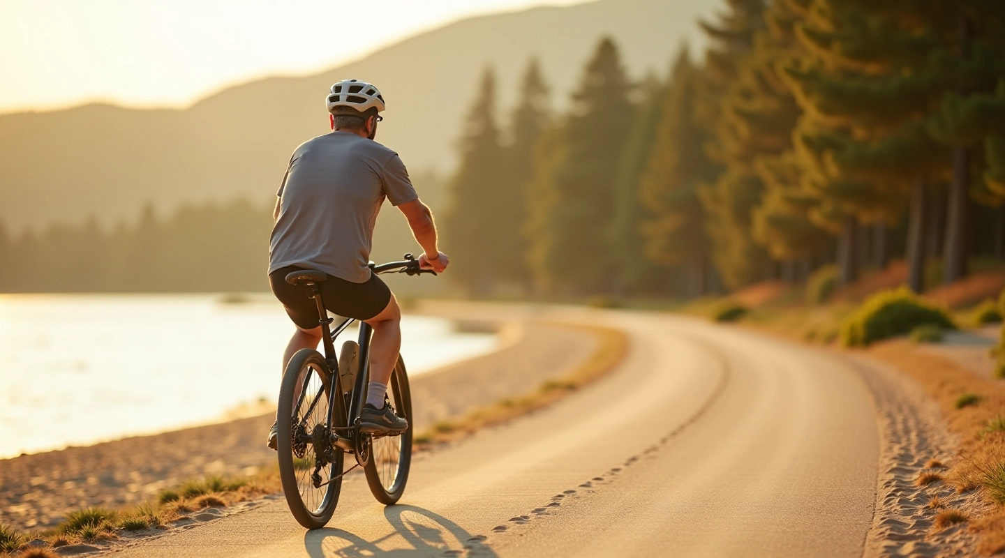 Cyclist enjoying peaceful ride along apeksaluminiumėnai reservoir sandy beach shoreline with pine trees