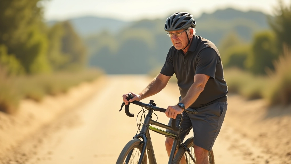 Person adjusting bike seat before a ride on a sandy path