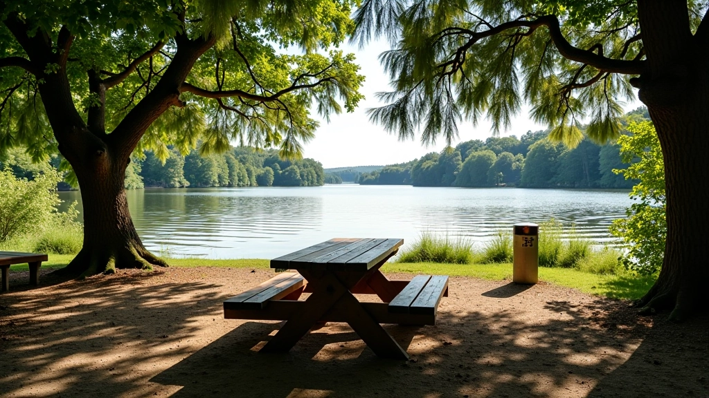 Peaceful rest area with wooden picnic table overlooking apeksaluminiumėnai reservoir, surrounded by tall pine trees and natural vegetation