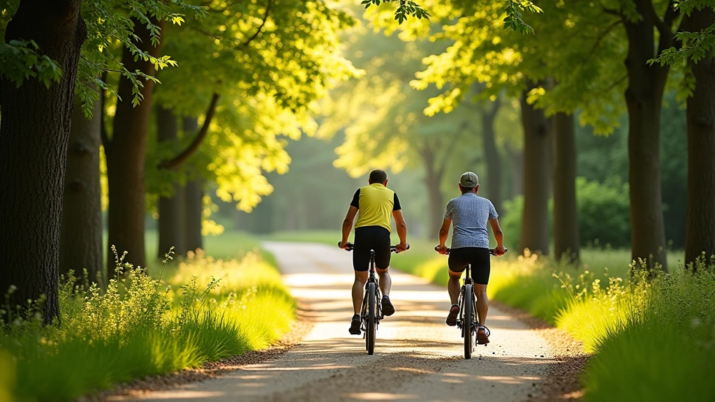 Retirees cycling peacefully through woodland rest areas