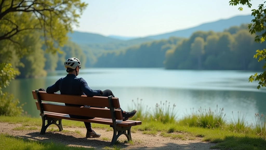 Cyclist taking a rest break at a scenic viewpoint overlooking the reservoir water with trees in background