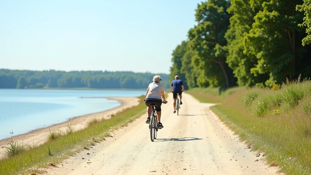 Sandy beach cycling path with calm water on one side and trees on the other, ideal for gentle riding