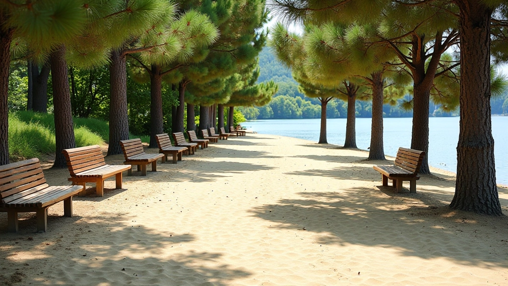 Wide sandy beach area with scattered benches and natural tree coverage creating dappled shade patterns on the ground