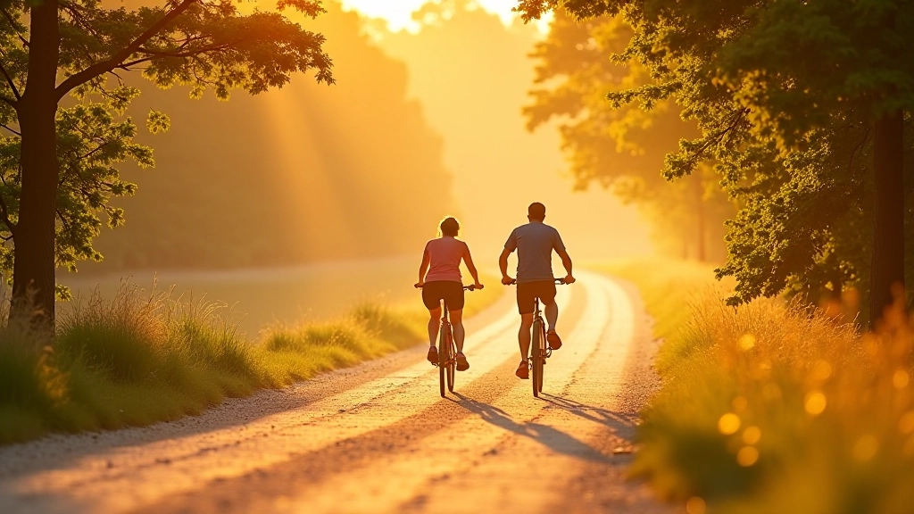 Golden hour light on the cycling path with cyclists in the distance