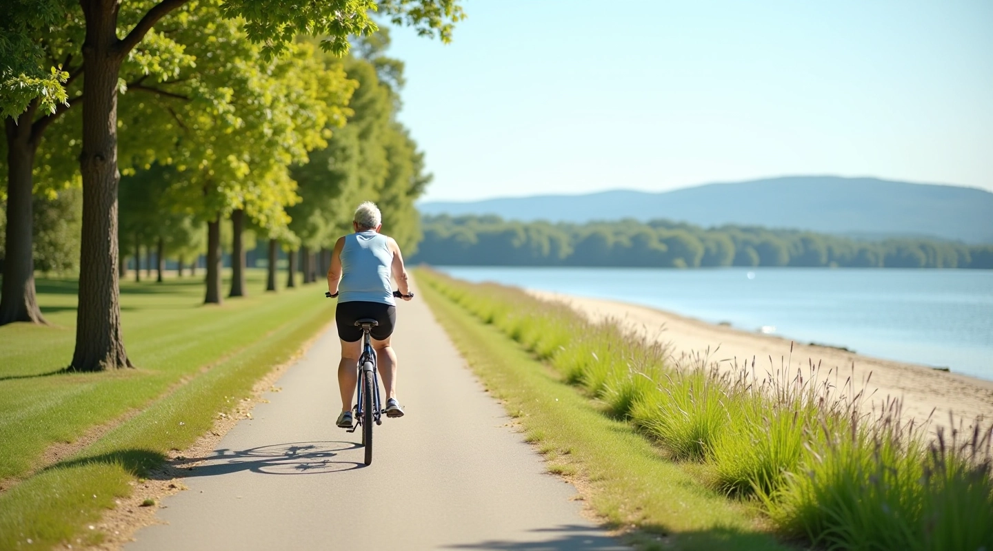 Scenic cycling trail along apeksaluminiumėnai reservoir with sandy beach shoreline