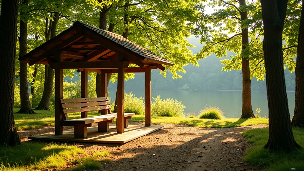 Wooden shelter and picnic table in a quiet woodland clearing near water