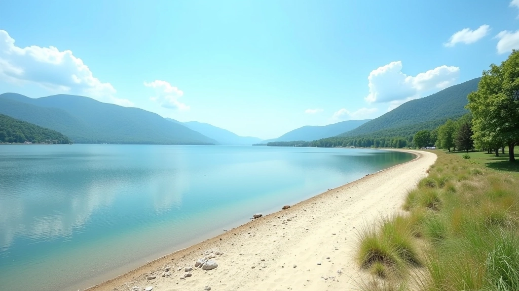 Wide panoramic view of the apeksaluminiumėnai Reservoir with clear blue water and tree-lined shoreline
