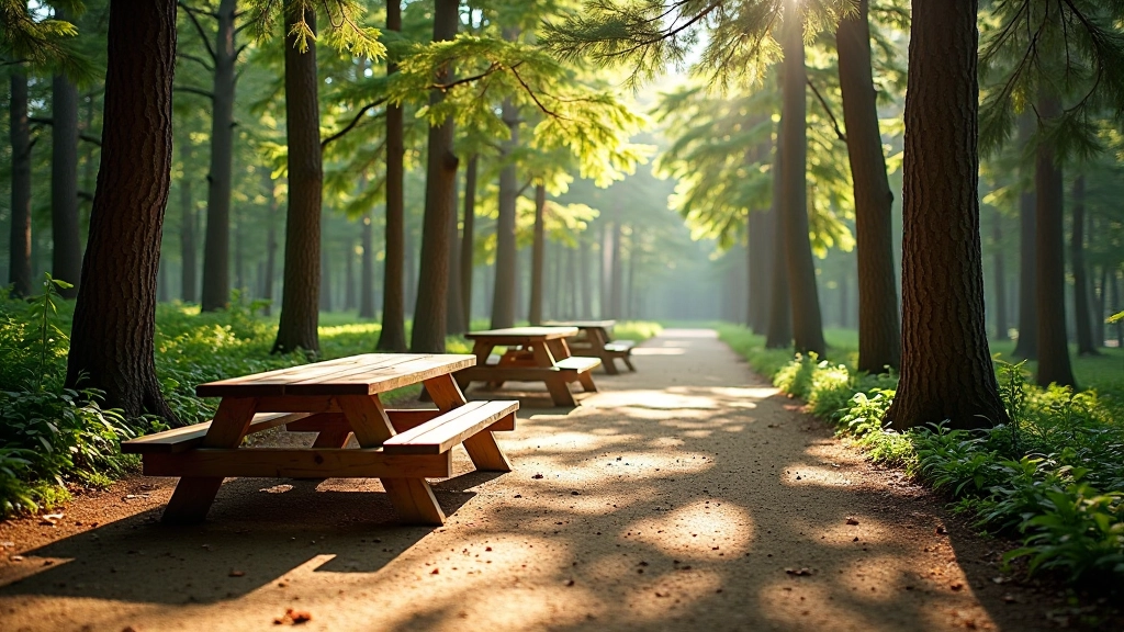 Wooden picnic table and benches in shaded rest area surrounded by pine trees